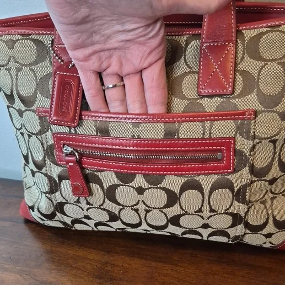 Coach Tan Signature Canvas Tote with Red Leather Trim Vintage K1J-6082 - Picture 2 of 15